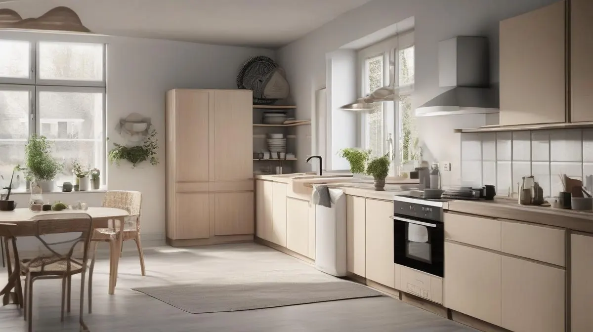 Moderne nordisk køkken med vaskemaskine og tørrestativ