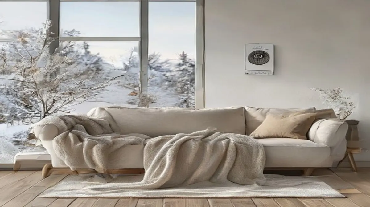Nordisk stue med termostat og vinterudsigt