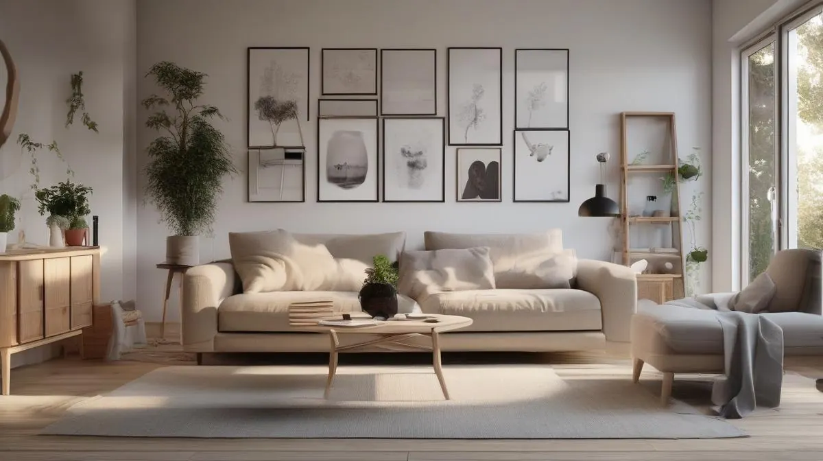 Nordisk stue med energibesparende apparater og naturligt lys