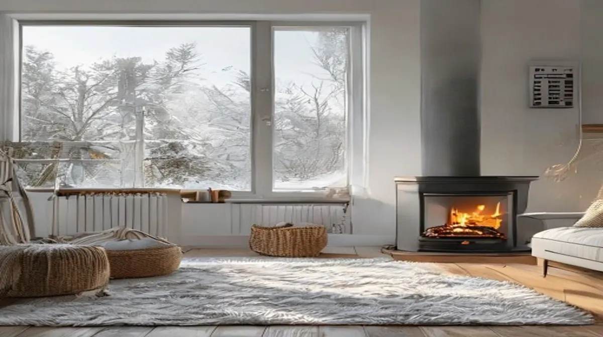 Talvinen sisätiloissa lämmitetty olohuone modernilla takalla ja termostaatilla