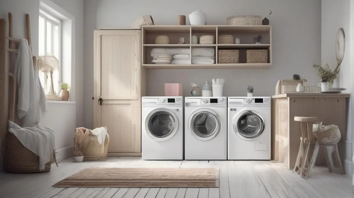 Moderne vaskemaskin i et lyst nordisk kjøkken med klær og vindusutsikt