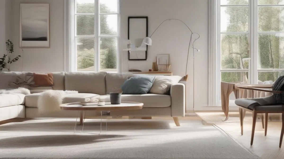 Nordisk stue med energieffektive løsninger som smart termostat og takvifte