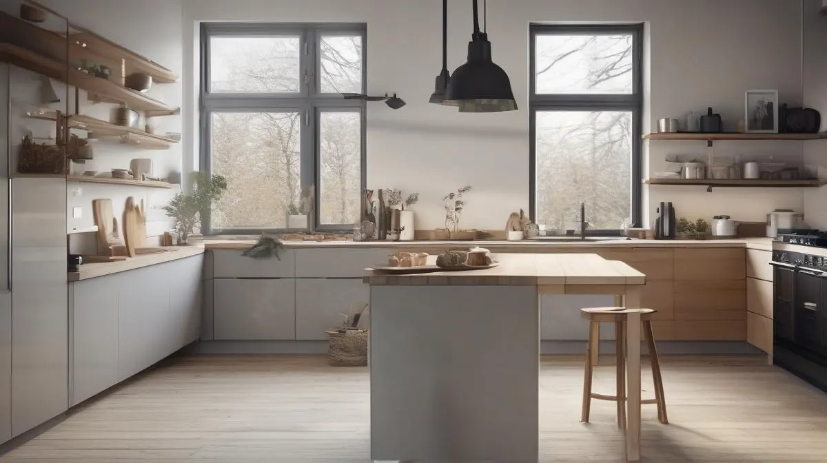 Nordisk kjøkken med energieffektive apparater og vinterutsikt