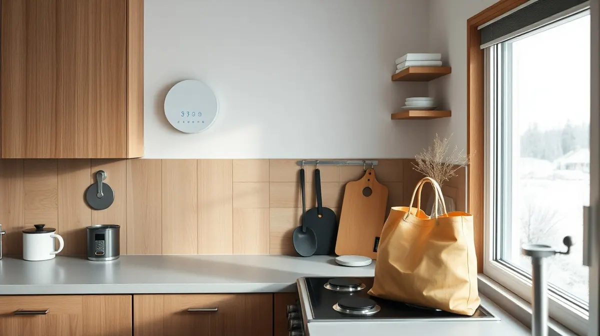 Nordiskt kök med energimonitor och vinterutsikt