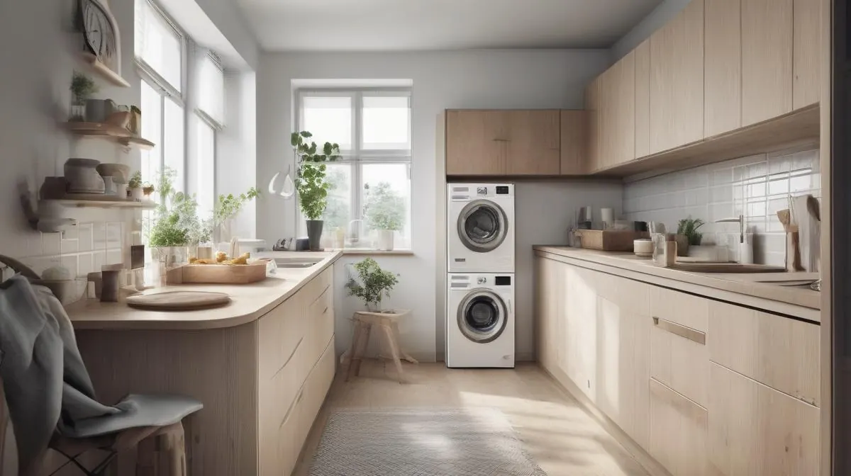 Modern tvättmaskin i ett ljust nordiskt kök med tvättlina och energimonitor